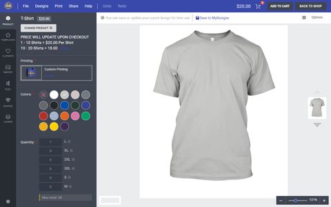 The Hood Signs 369 online design editor with a blank T-shirt, color choices and print options