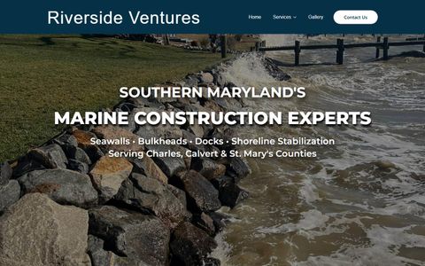 Home page of the Riverside Ventures website showing a rock-lined shoreline and the headline Marine Construction Experts